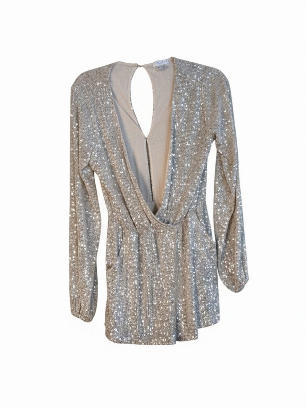 Venus v-neck champagne sequin romper plunge back cutout holiday festival wrap S
